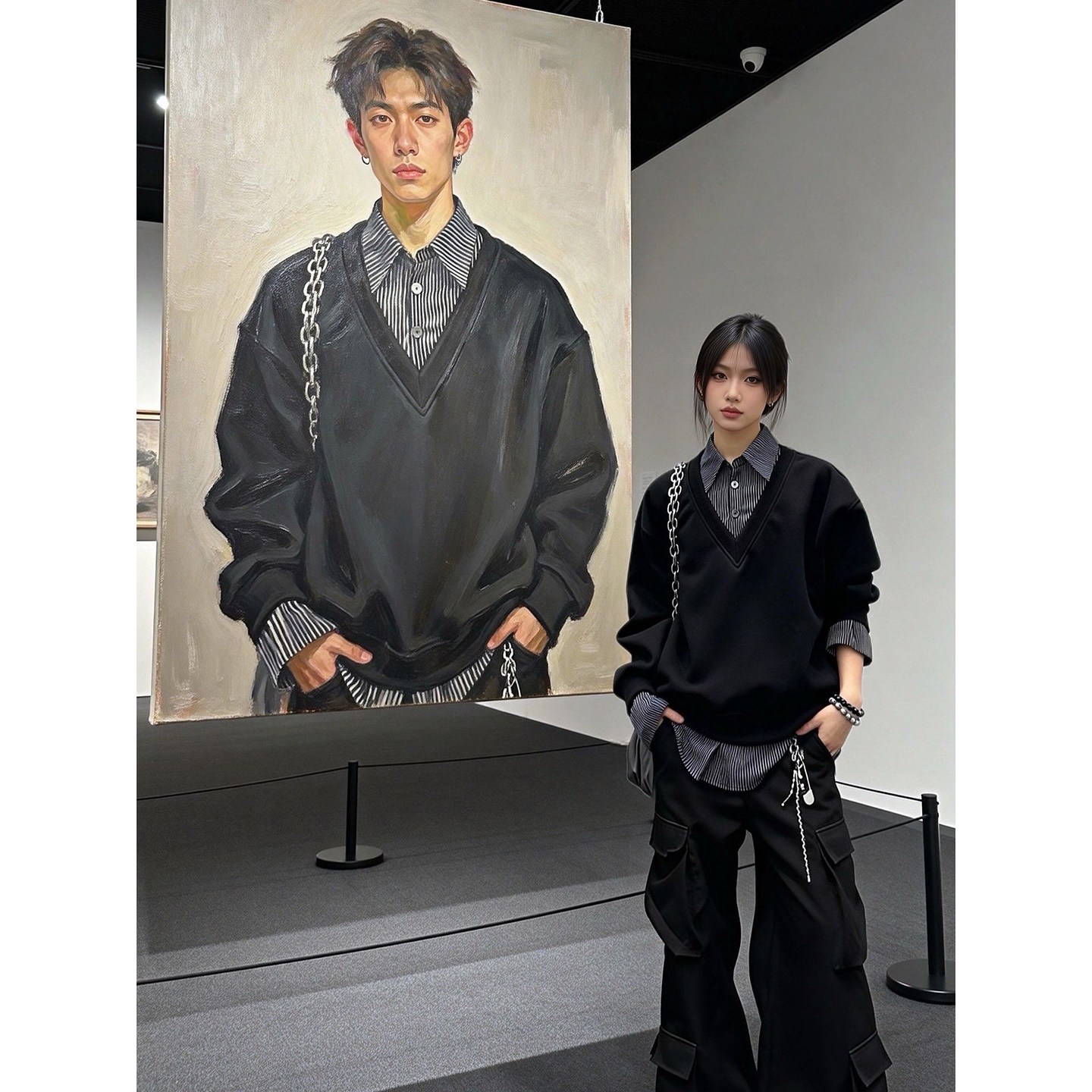 miu系高智感假两件V领卫衣男春秋条纹衬衫领polo衫设计感情侣外套