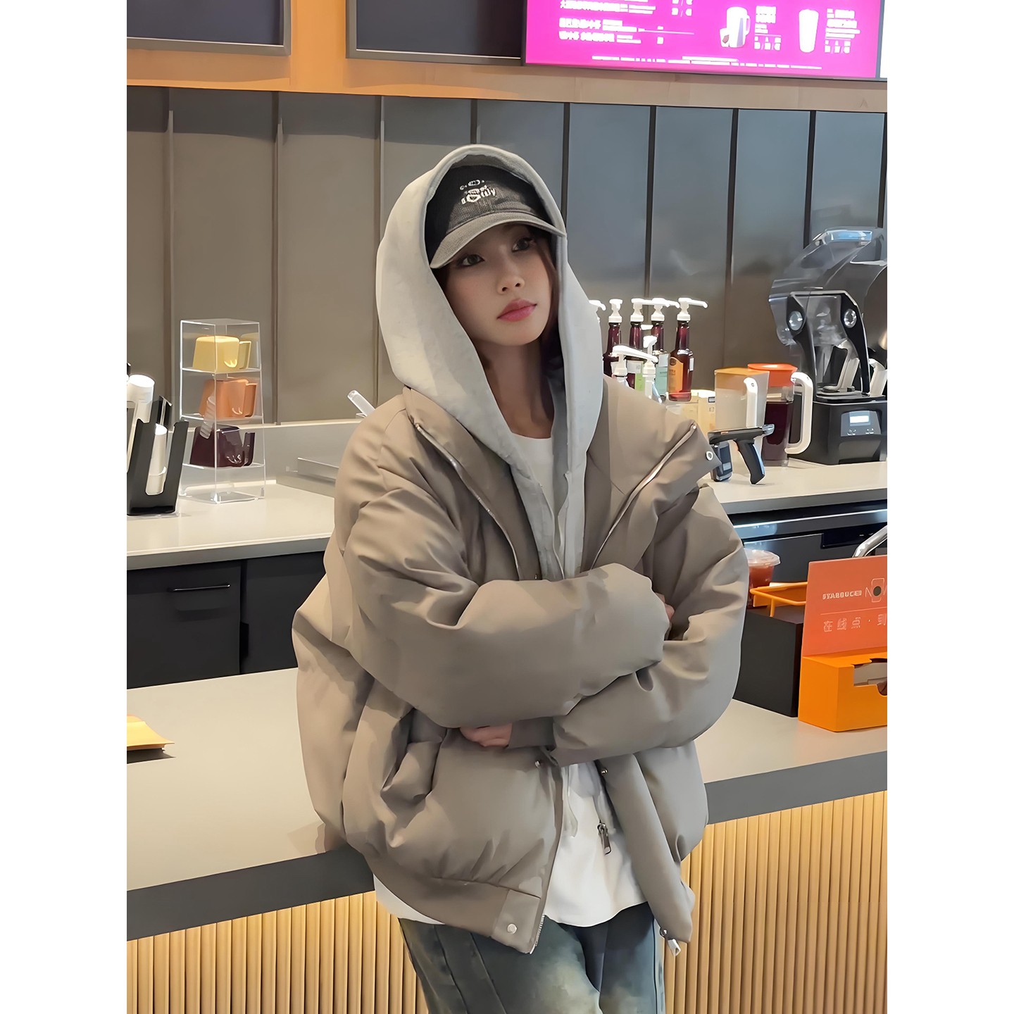 PU皮假两件连帽羽绒棉服男冬季