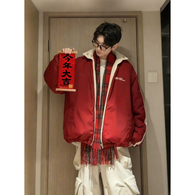 酒红色正反两穿立领夹克棉服冬季