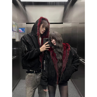 美式复古红内座山雕夹克棉服男冬季加厚毛领连帽棉衣短款工装外套