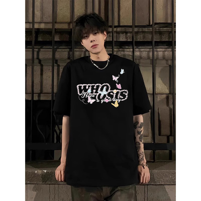 美式情侣蝴蝶短袖t恤男生夏季