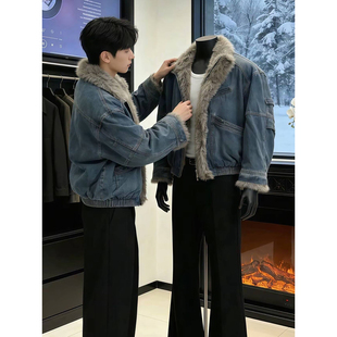 美式复古水洗牛仔座山雕棉服男款冬季毛茸茸短款外套拼接毛领棉衣