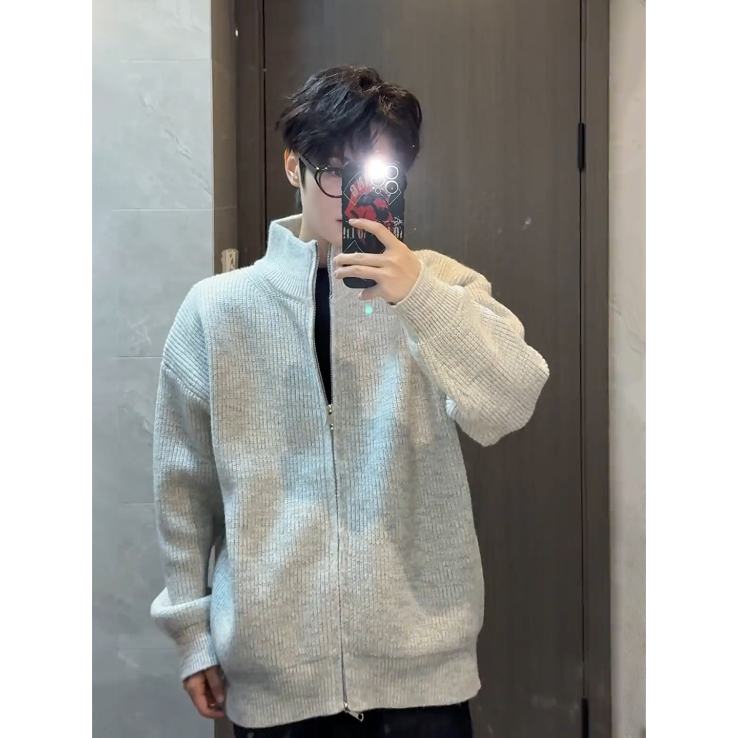 白花灰立领针织开衫男秋冬季外套