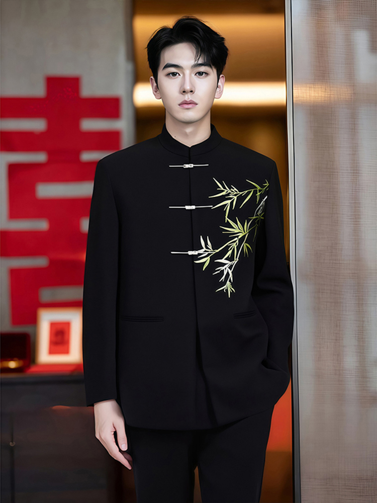 中山装新中式西装套装男高级感订婚穿搭竹叶刺绣垫肩唐装西服礼服