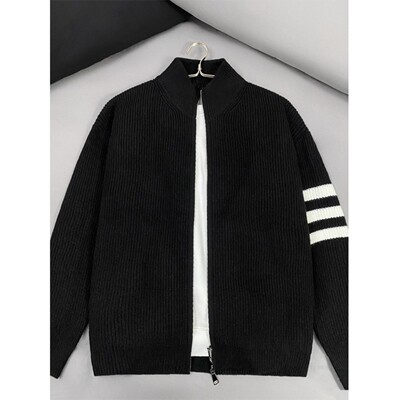 黑色三条杠针织开衫卫衣男款秋季