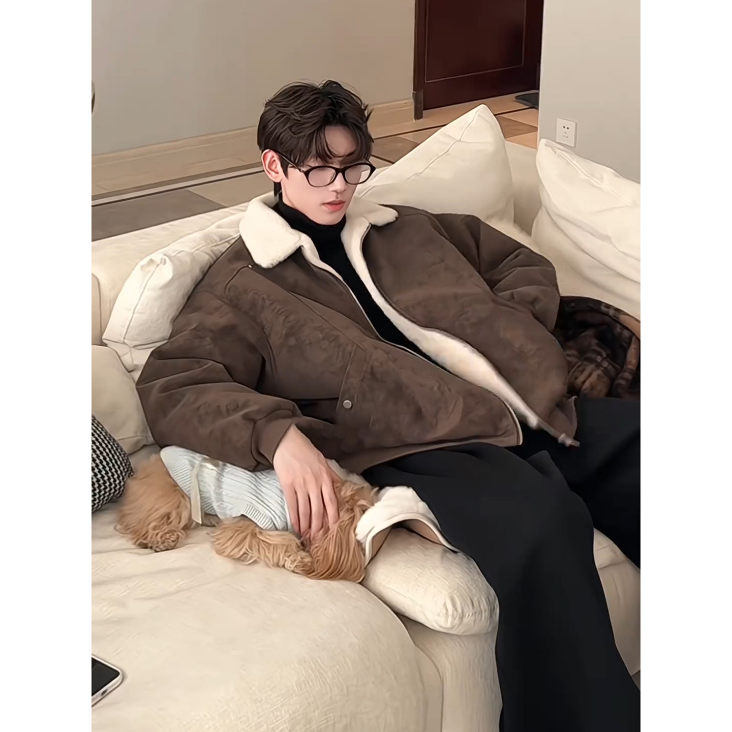 美拉德毛领雾面pu皮棉服男款冬季