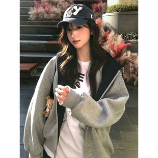 重磅硬挺连帽衫 秋冬美式 cleanfit情侣外套 卫衣男款 浅灰色撞色开衫