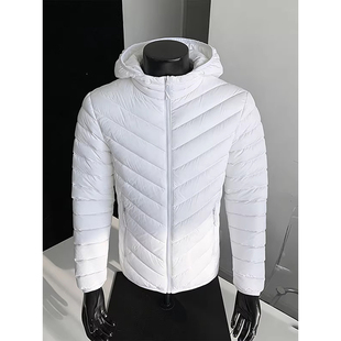 白色轻量化连帽排骨羽绒服男款冬季户外修身保暖棉衣短款轻薄外套