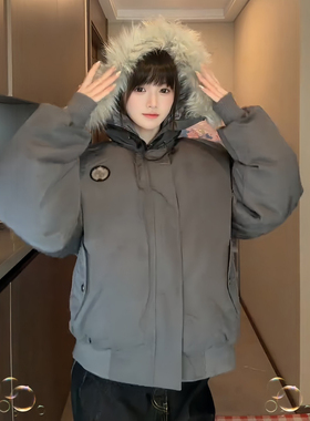 深灰色美式羽绒派克服男款冬季毛领连帽棉服加厚保暖防寒工装棉衣