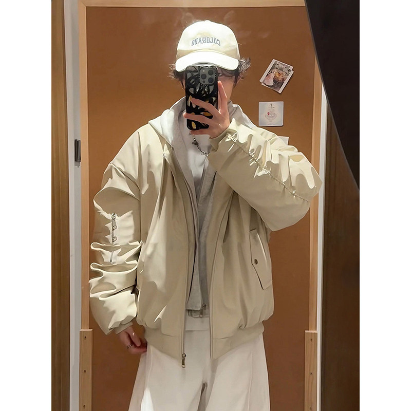 美式假两件pu皮夹克棉服男冬季