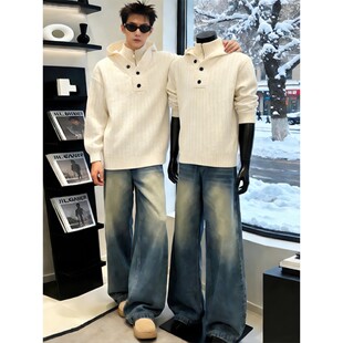韩系假两件立领毛衣男款春季高级感连帽针织衫设计感小众针织上衣