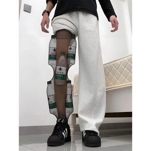 白花灰美式加绒卫裤男秋冬遮肉显瘦直筒阔腿裤cleanfit运动休闲裤