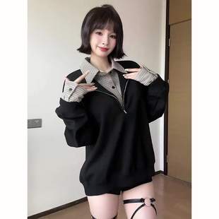 千鸟格假两件polo领卫衣男秋季半拉链设计感长袖t恤美式复古外套