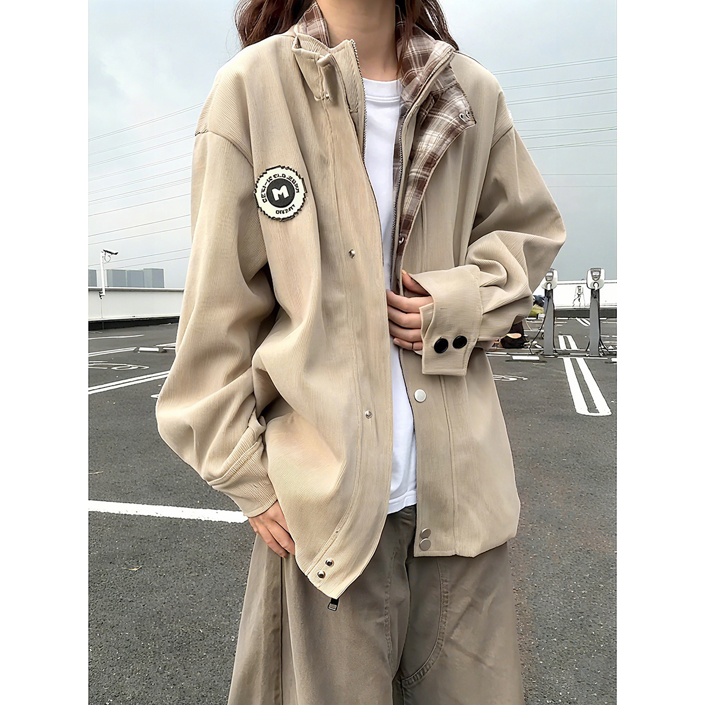 卡其色假两件格子外套男女冬季