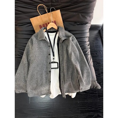 小香风条纹加绒衬衫男款秋冬美式