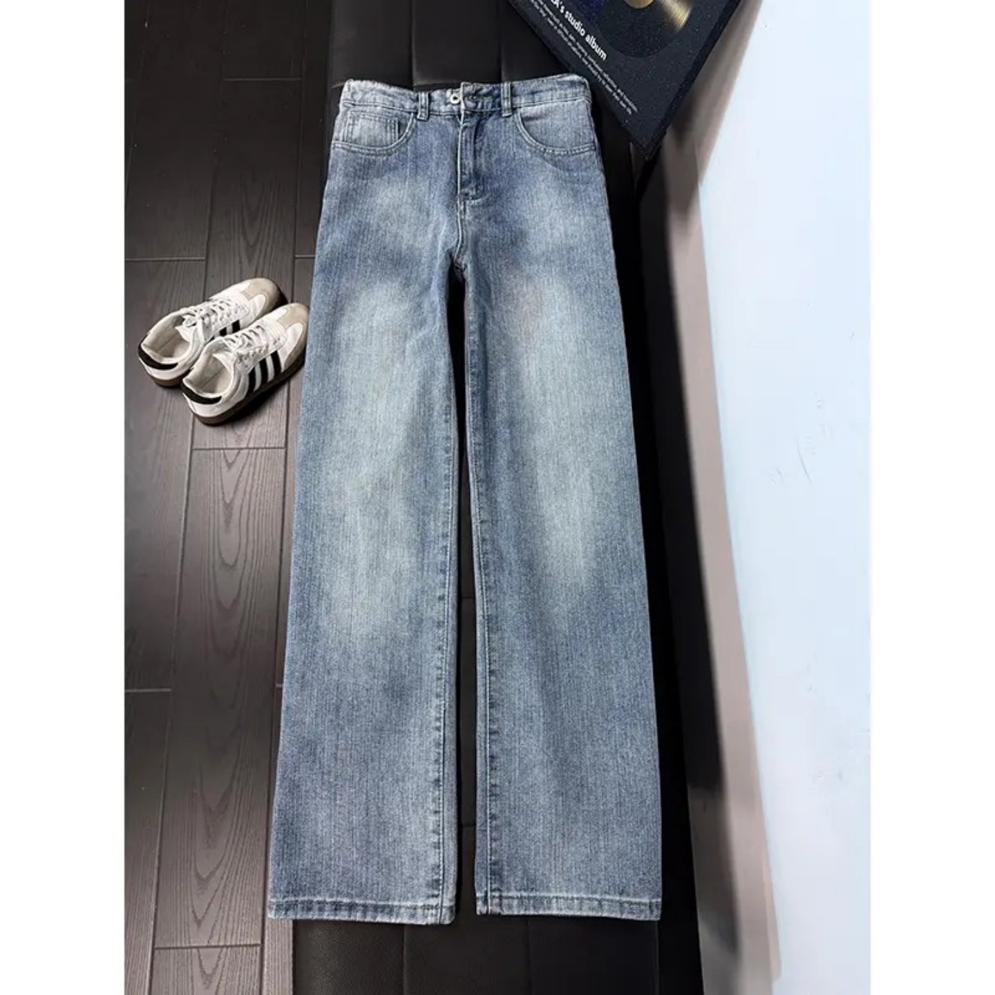 蓝色高腰阔腿牛仔裤男款美式复古