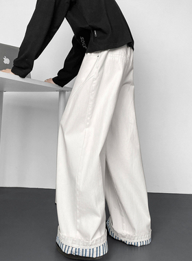 白色条纹卷边微喇牛仔裤男款遮肉显瘦弯刀裤子美式高街阔腿工装裤