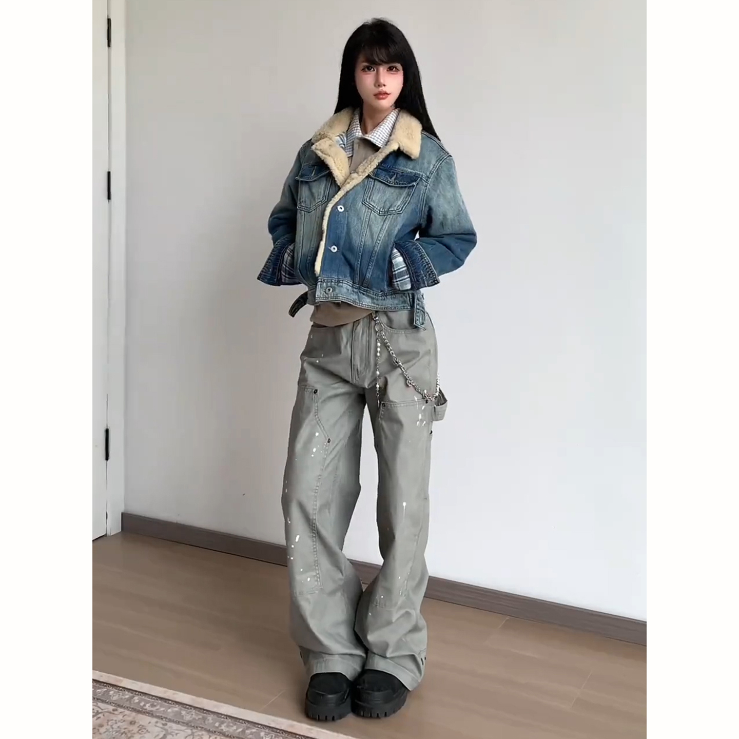 美式羊羔绒牛仔外套男秋冬夹克