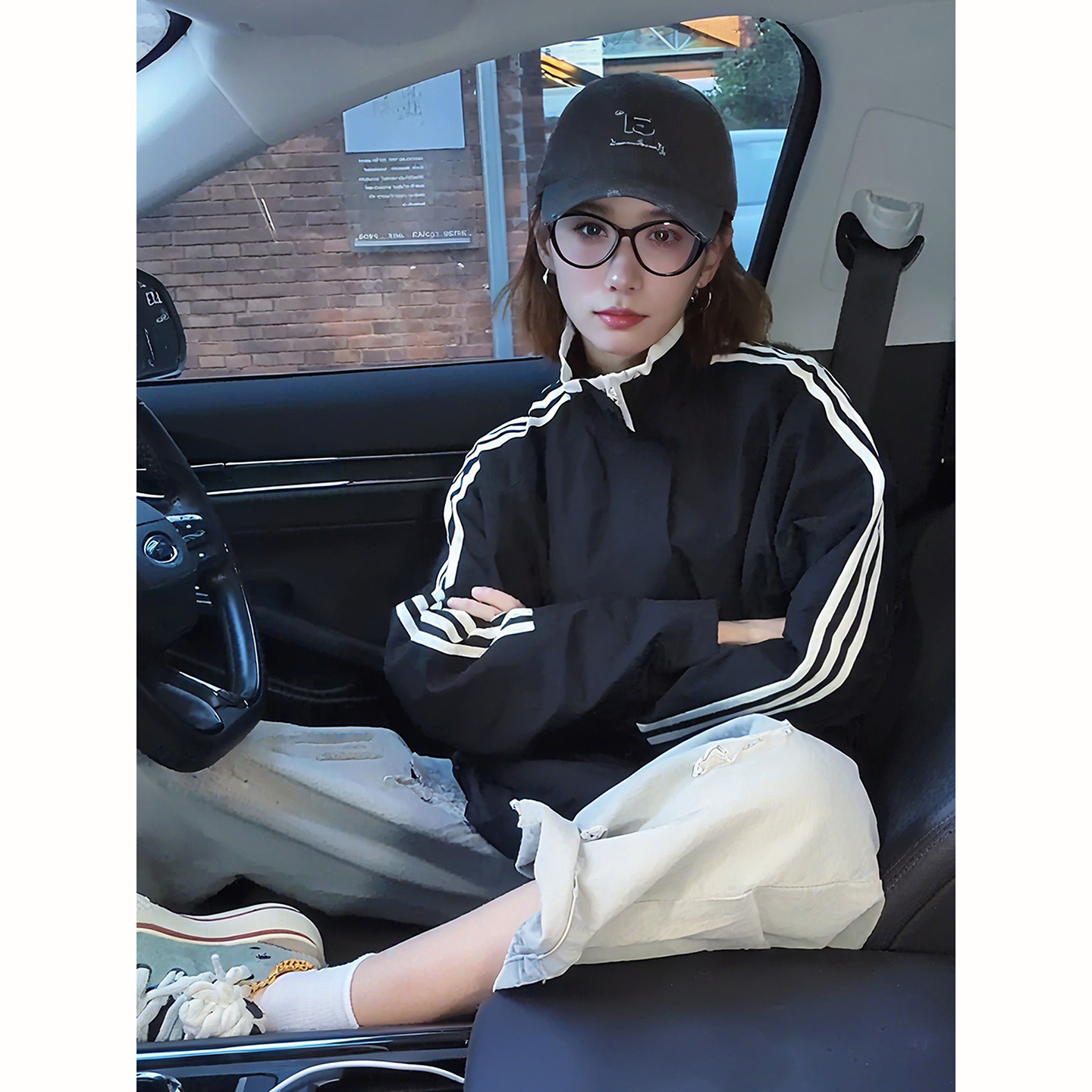 黑白拼接三条杠外套男款秋冬美式