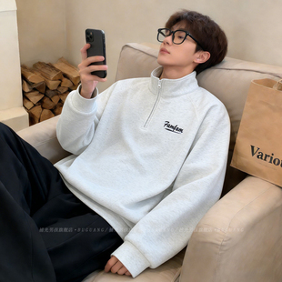 白灰色半拉链立领刺绣男生卫衣2026新款春季美式重磅硬挺正肩外套