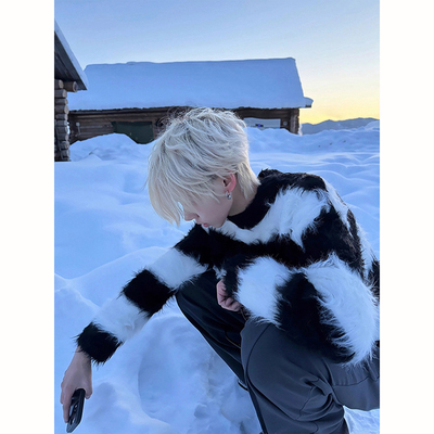 黑白条纹马海毛毛衣男款秋冬季