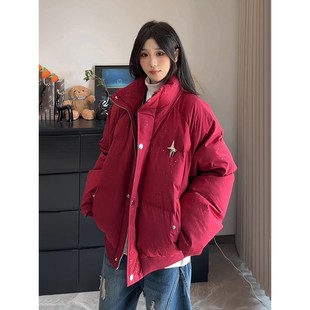 红色满天星羽绒棉服男女款冬季美式高街立领外套高级感立领面包服