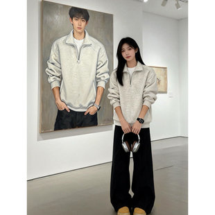 白花灰半拉链polo领卫衣男春秋美式重磅翻领外套结构设计正肩夹克