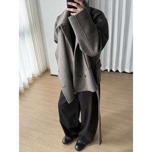 多形态绑带毛呢大衣男秋冬季韩系慵懒风衣高级感短款呢子西装外套