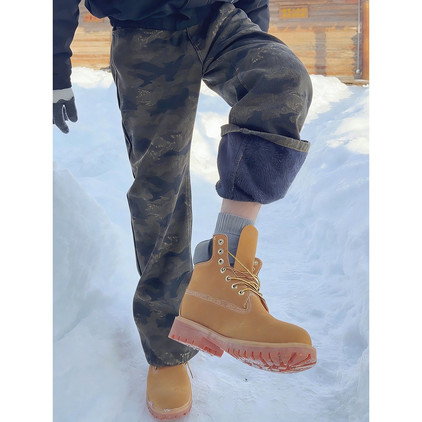 美式加绒迷彩牛仔裤男冬季cleanfit弯刀工装裤修身显瘦微喇直筒裤