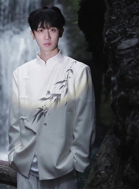 新中式男装国风白色小西服高级感痞帅中山装水墨竹子盘扣订婚外套