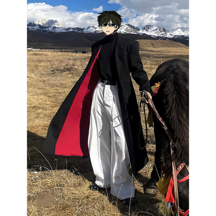 黑色红内教父风毛呢大衣男冬季高级感痞帅垫肩西装外套克苏鲁风衣