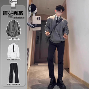 韩系学院风道袍v领开衫毛衣老钱风男装套装慵懒高级感针织衫外套