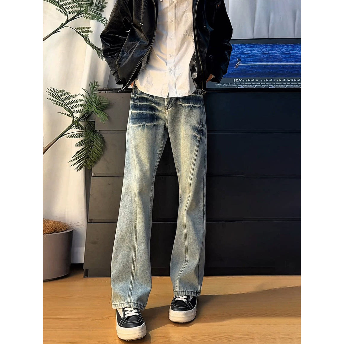 闪电纹洗水直筒牛仔裤男款美式高街vbie微喇裤子设计感斜切弯刀裤