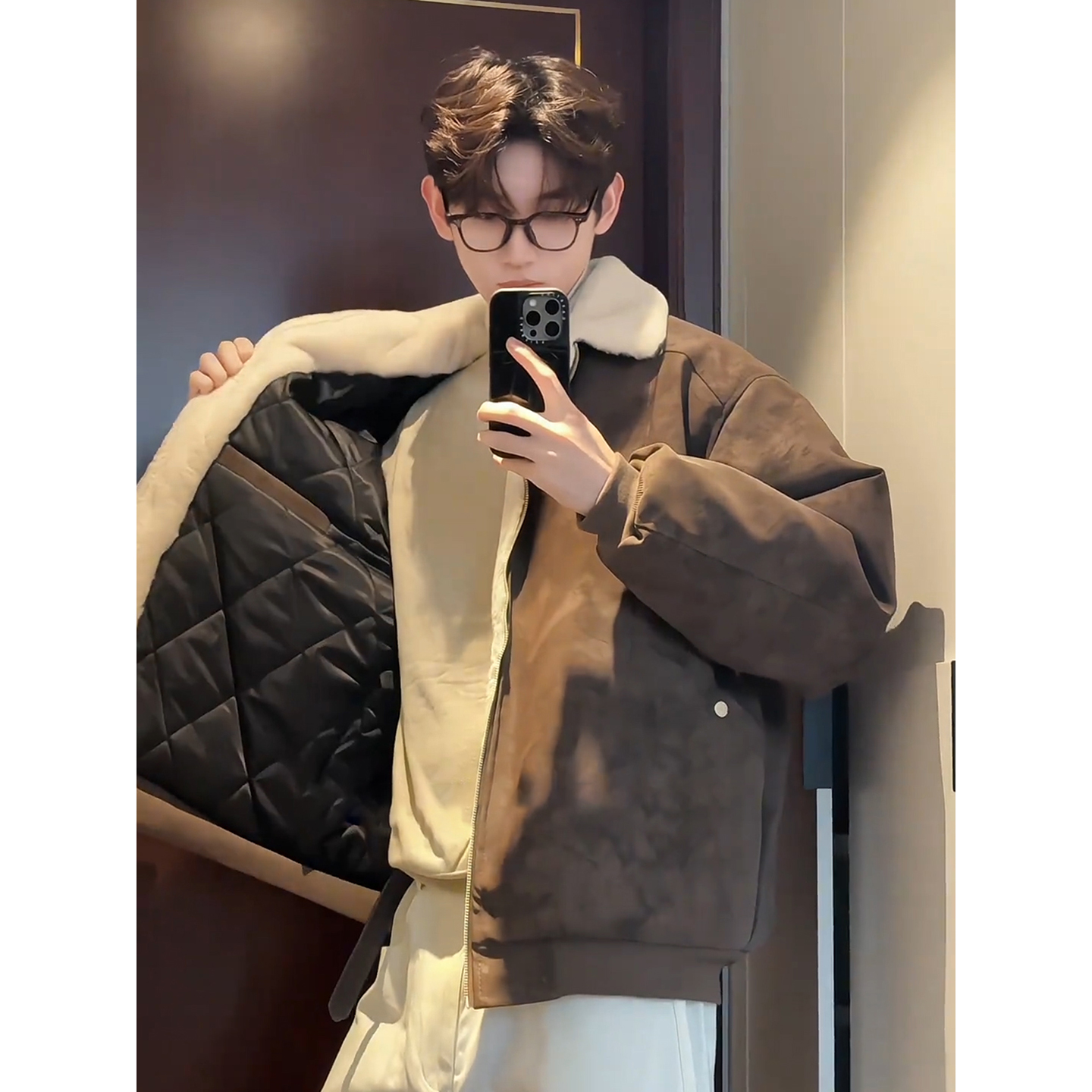 美式雾面pu皮羊羔绒棉服男款冬季