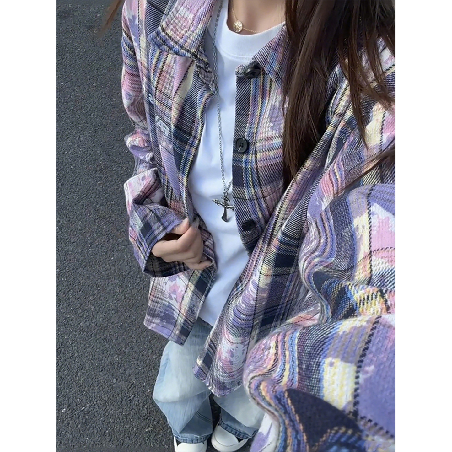 紫色扎染格子衬衫男秋季美式高街