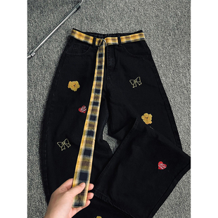 子hiphop彎刀闊腿褲 美式 潮牌痞帥炸街褲 秋季 刺繡卡通牛仔褲 男女款