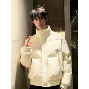 米白色立领PU皮羽绒棉服男冬季防寒高级感廓形棉衣外套短款面包服