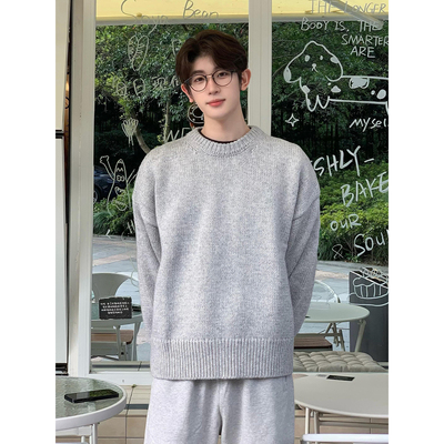 浅灰色圆领毛衣冬季加绒加厚保暖