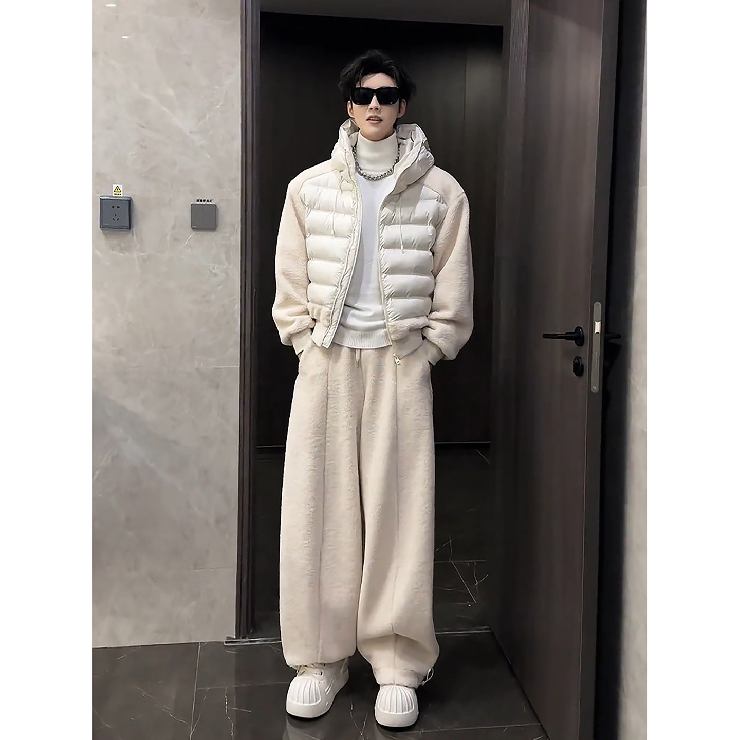 假两件摇粒绒连帽排骨棉服男生冬季帅气穿搭一整套配阔腿休闲裤子,男装,时尚套装,淘宝优惠券,粉丝福利购,淘宝优惠卷