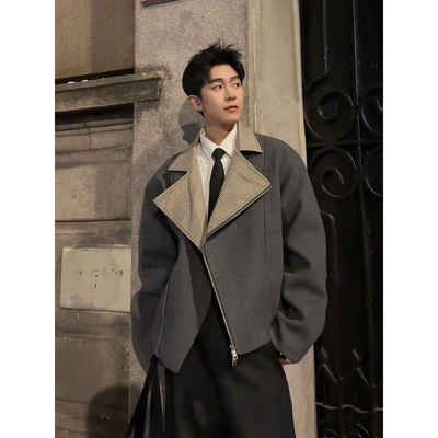 千鸟格西装领短款毛呢大衣男款
