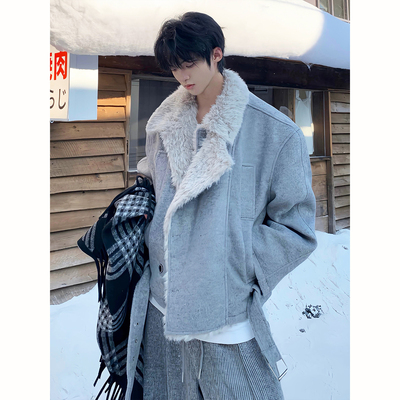 皮毛一体加棉毛呢外套男款冬季