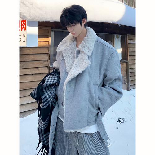 皮毛一体加棉毛呢外套男款冬季