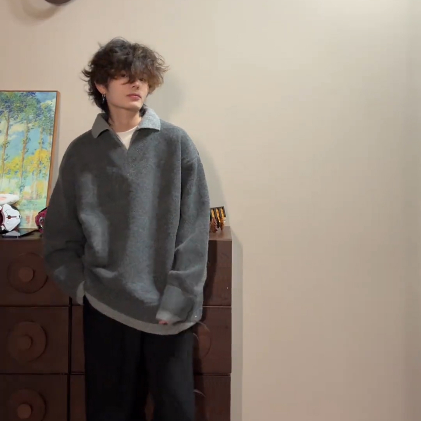 重磅假两件翻领毛衣男款秋冬慵懒