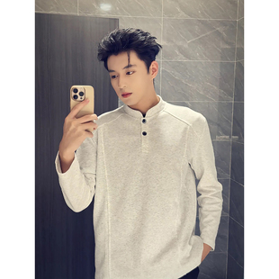 美式立领解构Polo衫男高级感亨利领正肩卫衣加绒内搭打底长袖T恤
