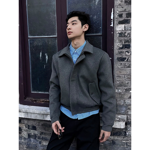 深灰色美式正肩短款毛呢外套男款冬季加厚高级感翻领廓形夹克棉服