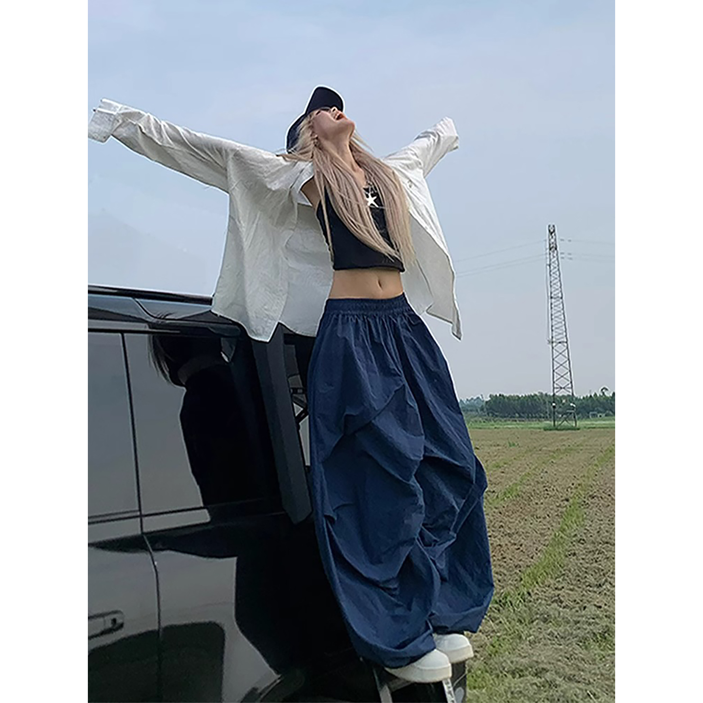 藏青色美式速干工装裤男薄款宽松