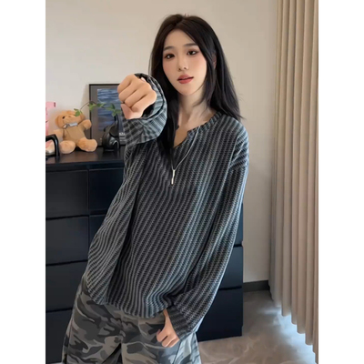小香风条纹长袖t恤男女韩系早秋