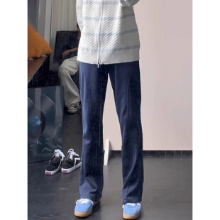 藏青色重磅空气棉卫裤男款秋冬美式斜切弯刀裤子健身运动微喇长裤