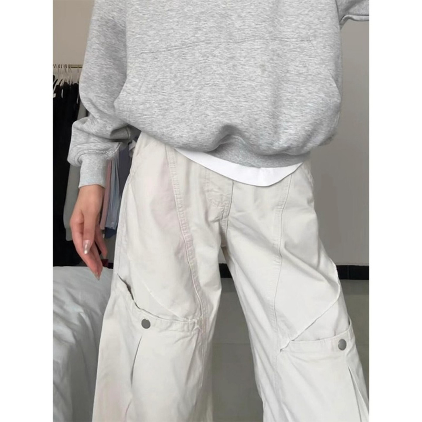 米白色解构裁剪工装裤男美式复古