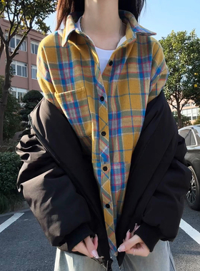 黄色复古格子衬衫男女秋冬学院风加绒长袖衬衣格纹设计感情侣外套